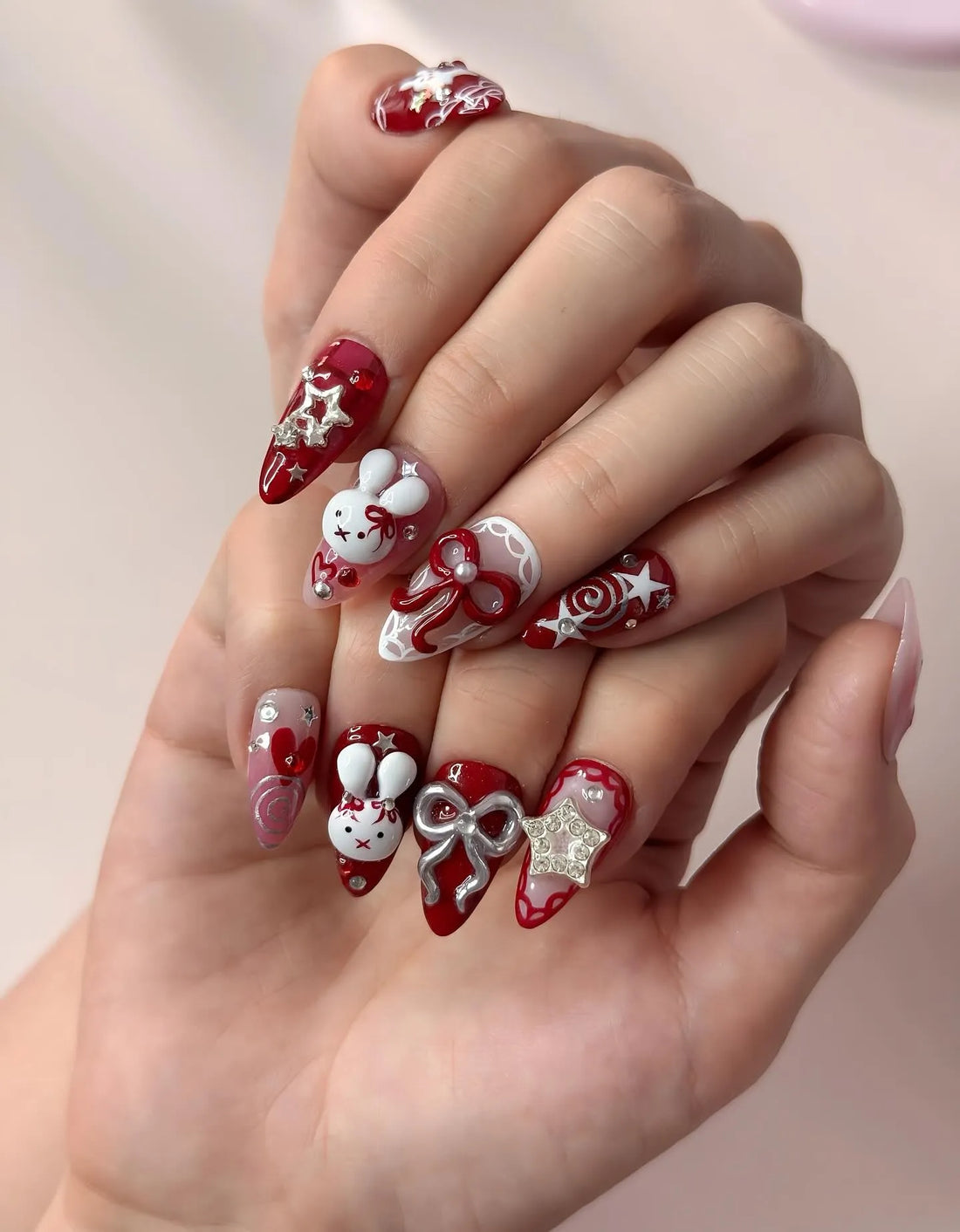 Handmade 3D Red Bunny Bow Star Cute Kawaii Holiday Press on Nails C61