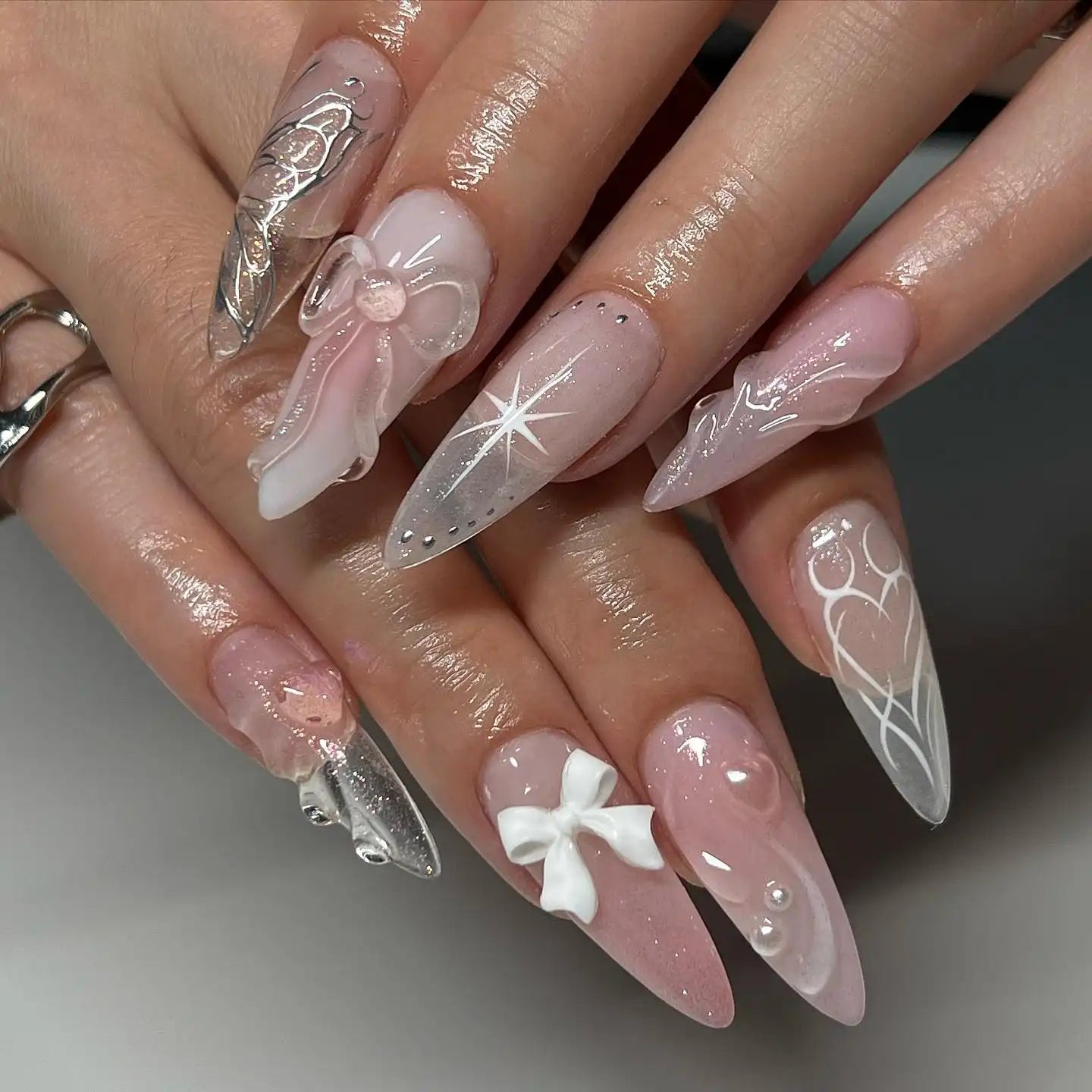 Handmade 3D Ribbon in Pink and Silver Butterfly Press on Nails Q59