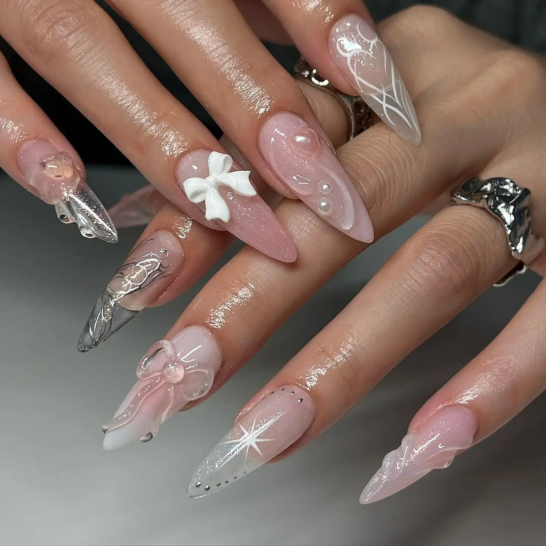 Handmade 3D Ribbon in Pink and Silver Butterfly Press on Nails Q59
