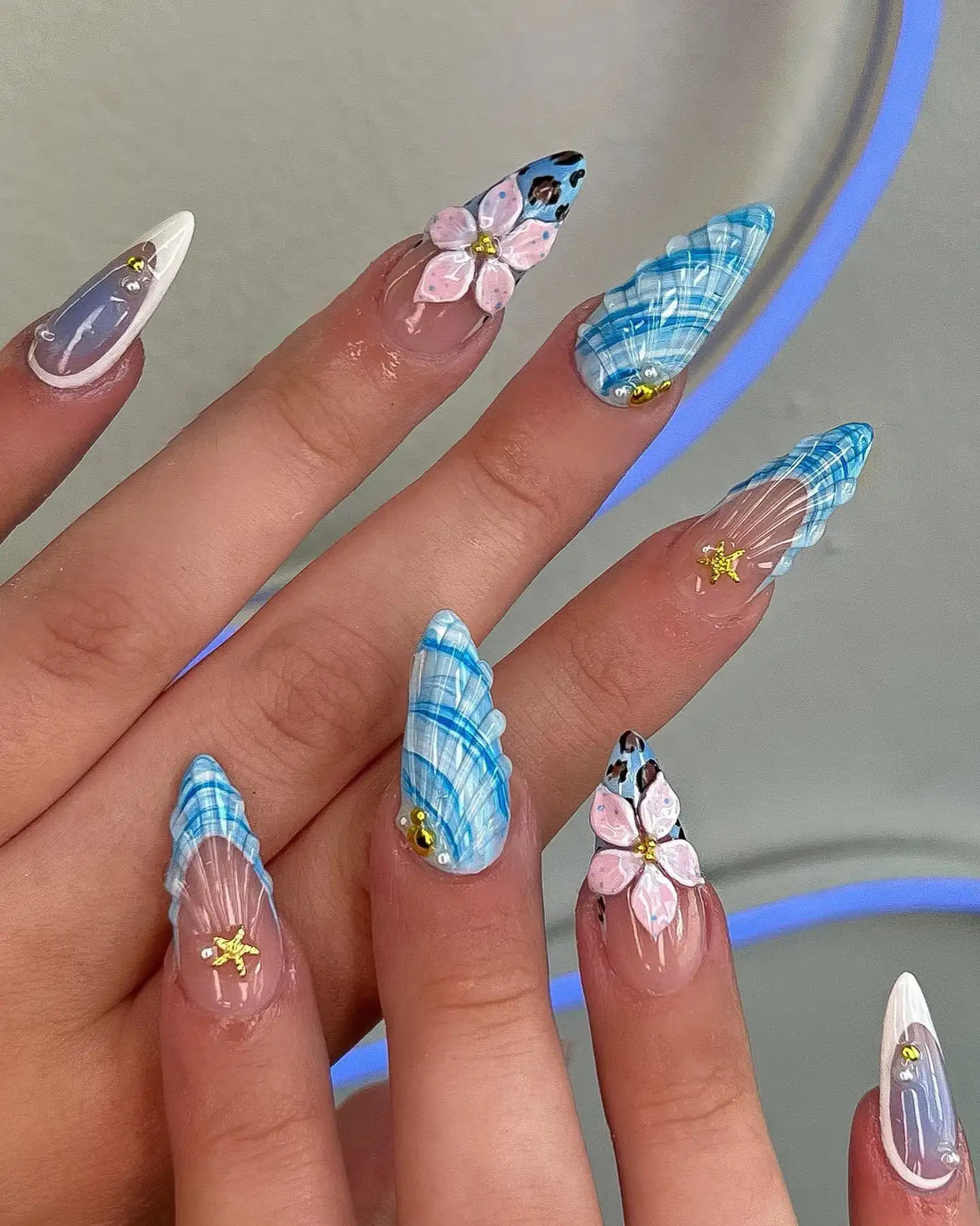 Handmade 3D Seashell Floral Plaid Blue Summer Beach Press on Nails Y88