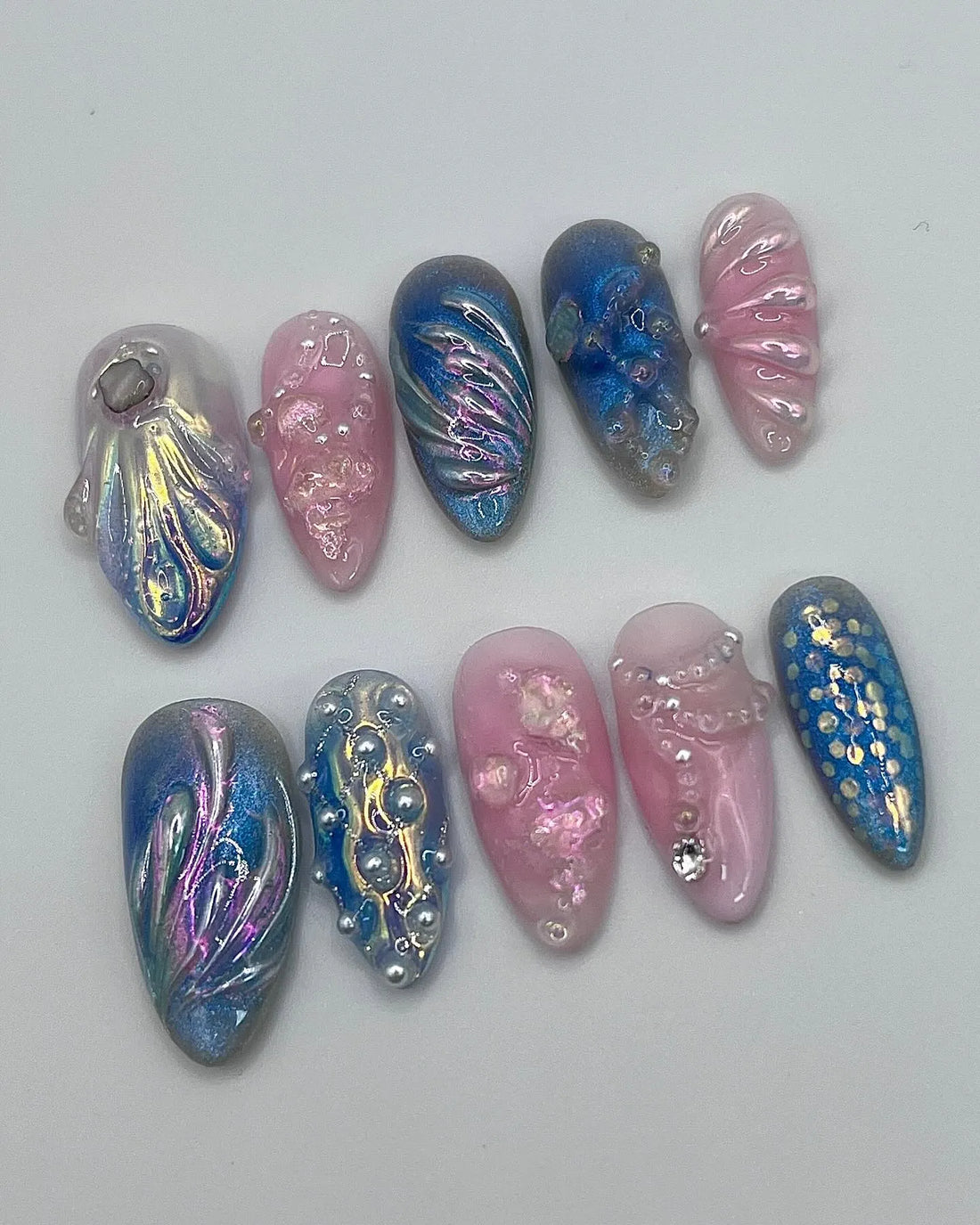 Handmade 3D Seashell Mermaid Blue Pink Chrome Press on Nails H76