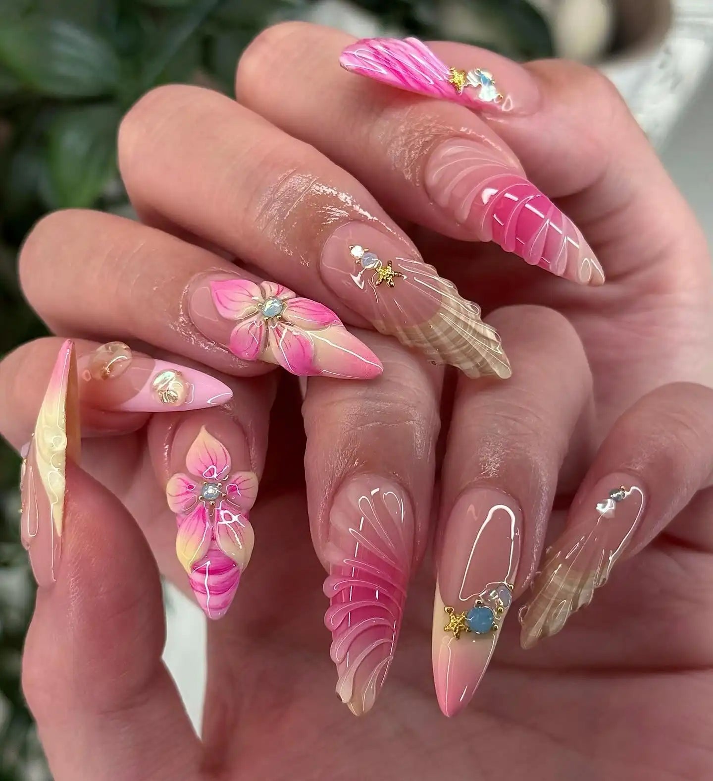 Handmade 3D Seashell Mermaid Pink Ombre Beach Summer Press on Nails Z57