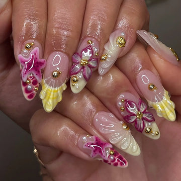 Handmade 3D Seashell Starfish Yellow Pink Ocean Beach Vacation Press on Nails T13