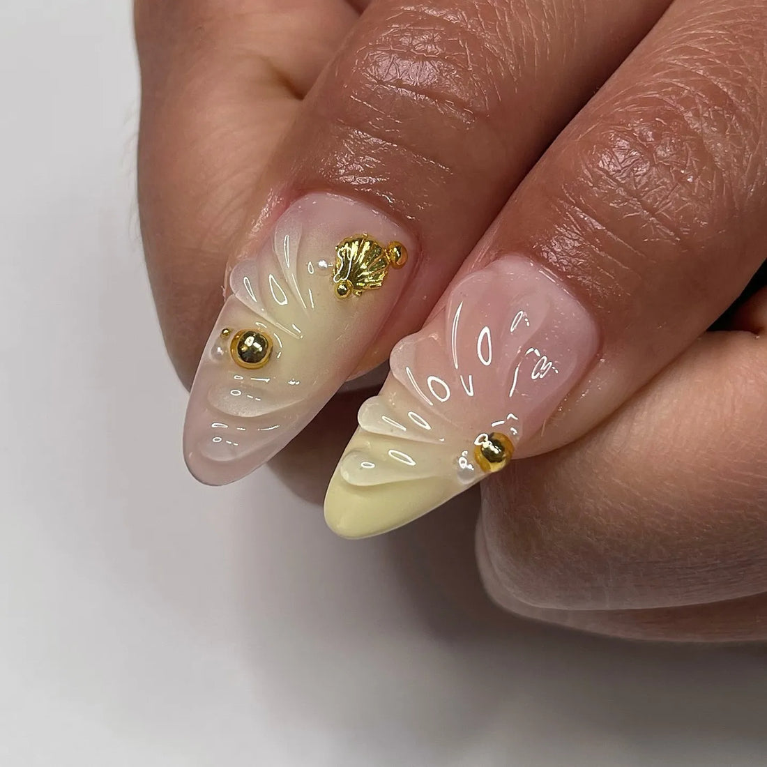 Handmade 3D Seashell Starfish Yellow Pink Ocean Beach Vacation Press on Nails T13