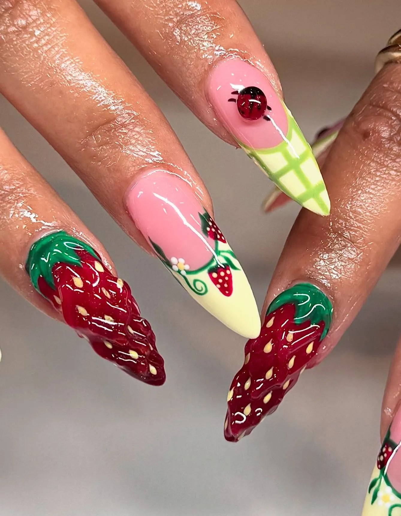 Handmade 3D Strawberry Ladybug Gingham Plaid Fruit Summer Press on Nails C76
