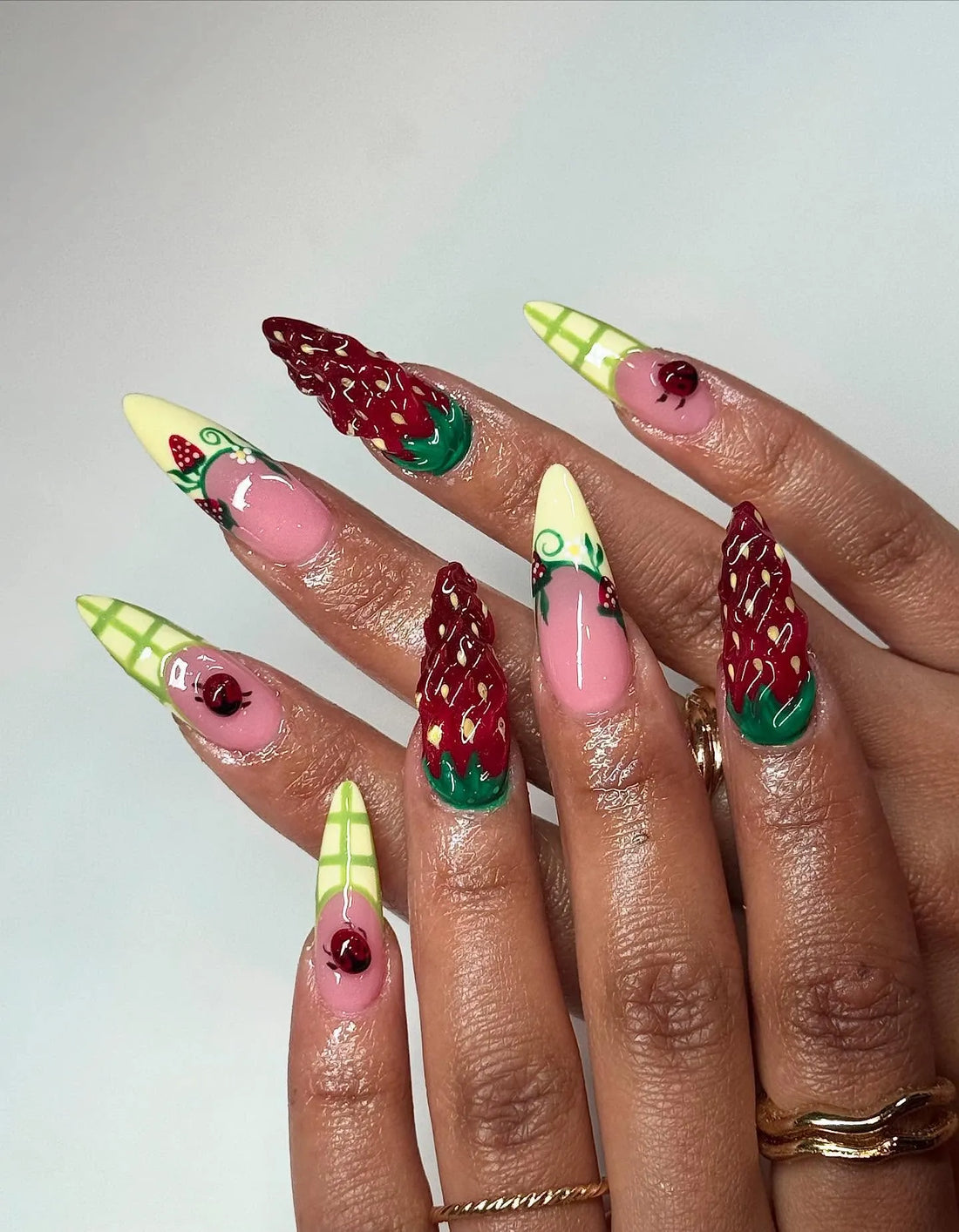 Handmade 3D Strawberry Ladybug Gingham Plaid Fruit Summer Press on Nails C76