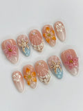 Handmade press-on nails with 3D tropical orchid, lily flowers, seashells, and starfish design