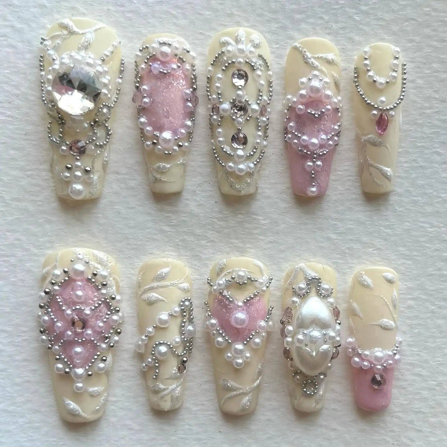 Handmade 3D White Pink Silver Pearl Luxury Bridal Press on Nails H81