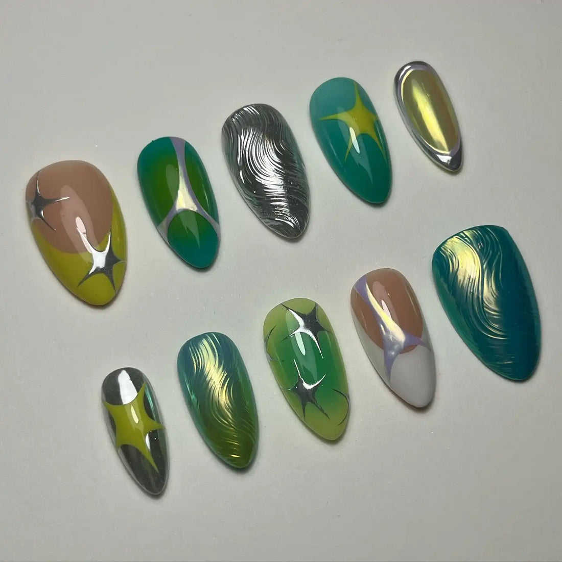 Handmade Abstract Chrome Star Green Silver Metallic Press on Nails G58