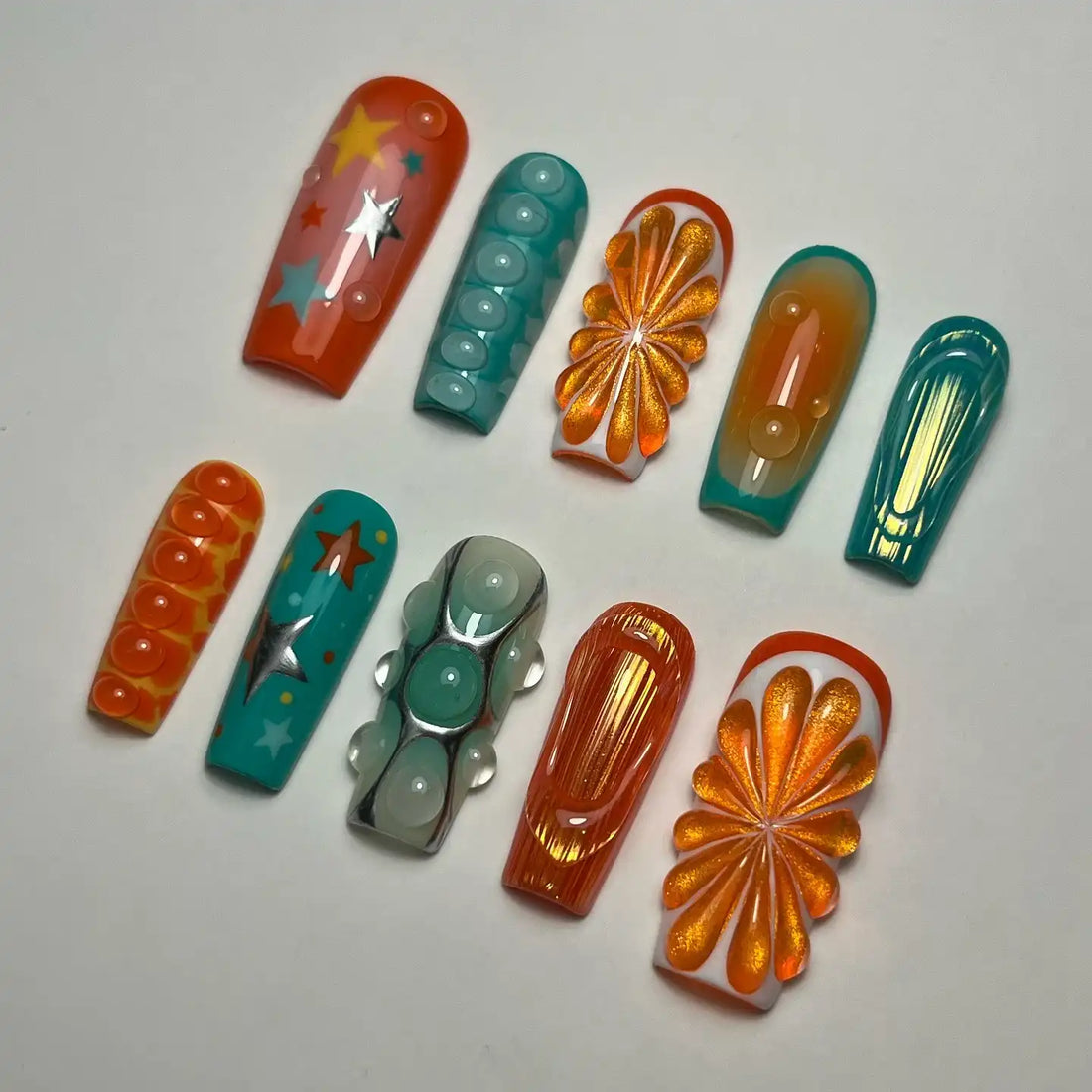 Handmade Abstract Citrus Star Teal Ocean Water Drop Press on Nails E14