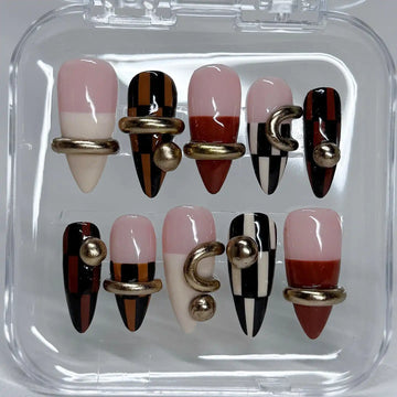 Handmade Abstract Designer Gold Ring Fall Fashion Press on Nails N35