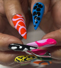 Hand modeling neon abstract 3D chrome long stiletto press-on nails with unique patterns