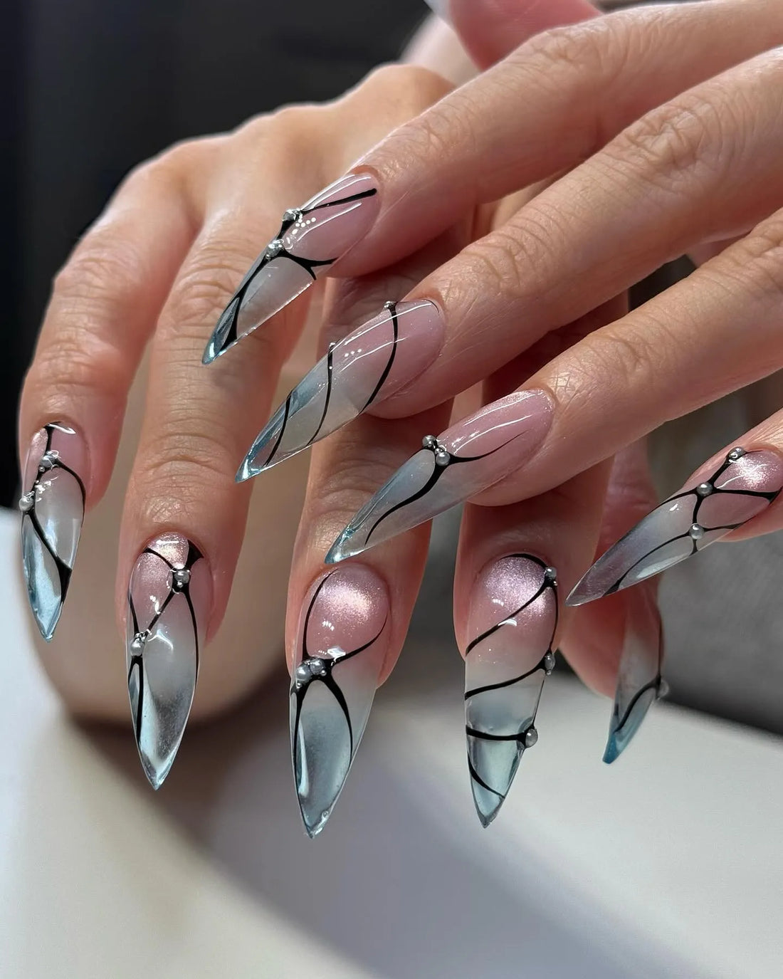 Handmade Abstract Pink Chrome Silver Modern Press on Nails B01