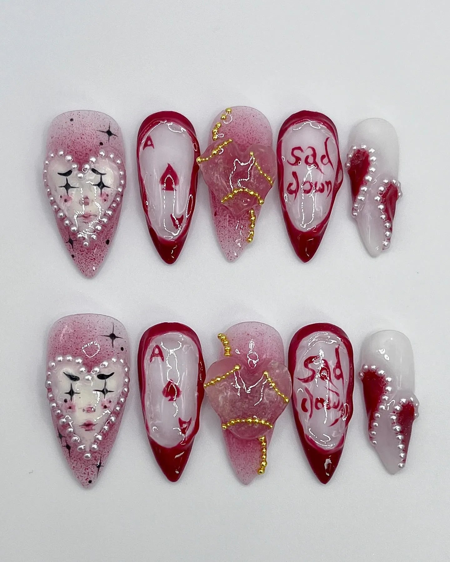 Handmade Ace of Hearts Sad Clown Red Press on Nails X43
