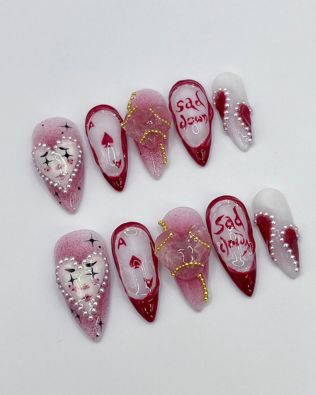 Handmade Ace of Hearts Sad Clown Red Press on Nails X43