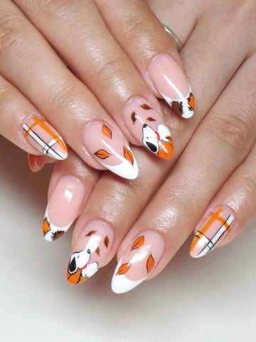 Handmade Autumn/Fall Orange Plaid Characters Fall Leaf French Tip Fake Nails PY5