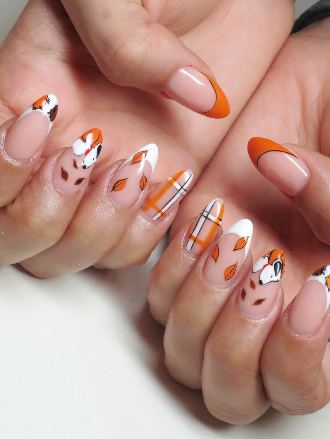 Handmade Autumn/Fall Orange Plaid Characters Fall Leaf French Tip Fake Nails PY5
