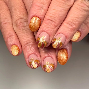 Handmade Autumn/Fall Thanksgiving Orange Cat Eye Gold Pumpkin Fake Nails PX3