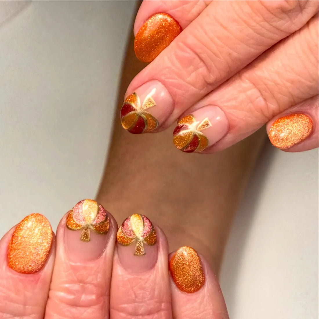 Handmade Autumn/Fall Thanksgiving Orange Cat Eye Gold Pumpkin Fake Nails PX3