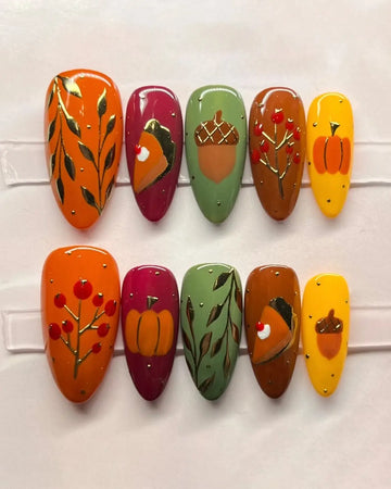 Handmade Autumn/Fall Thanksgiving Orange Pumpkin Pie Foil Leaf Fake Nails PW2