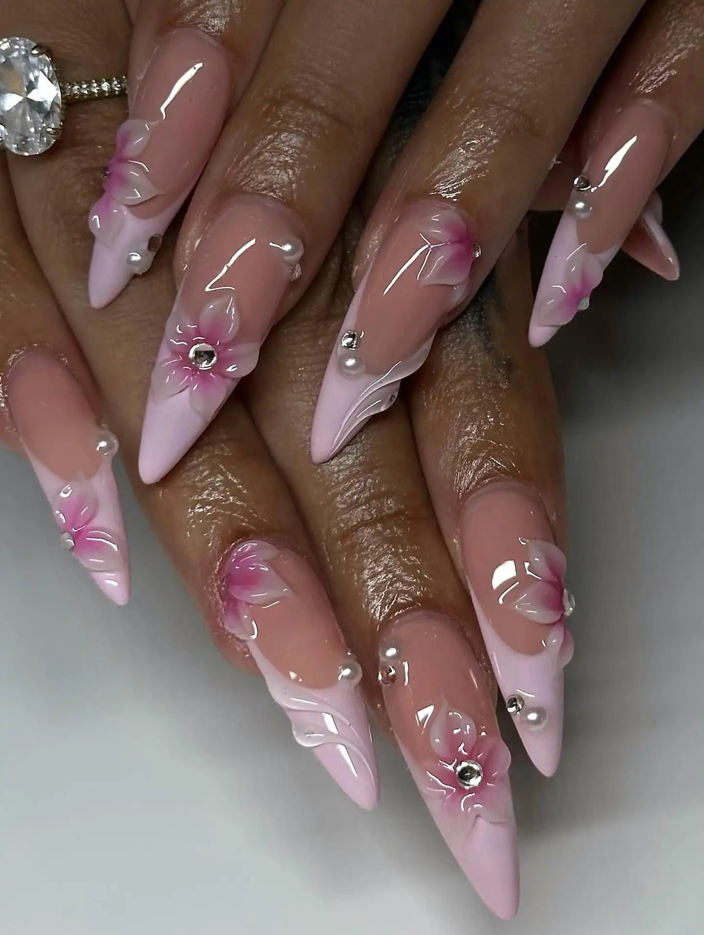 Handmade Ballet Pink French Tip 3D Floral Pearl Bridal Press on Nails K37