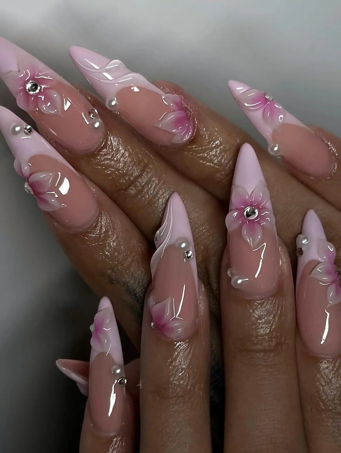 Handmade Ballet Pink French Tip 3D Floral Pearl Bridal Press on Nails K37