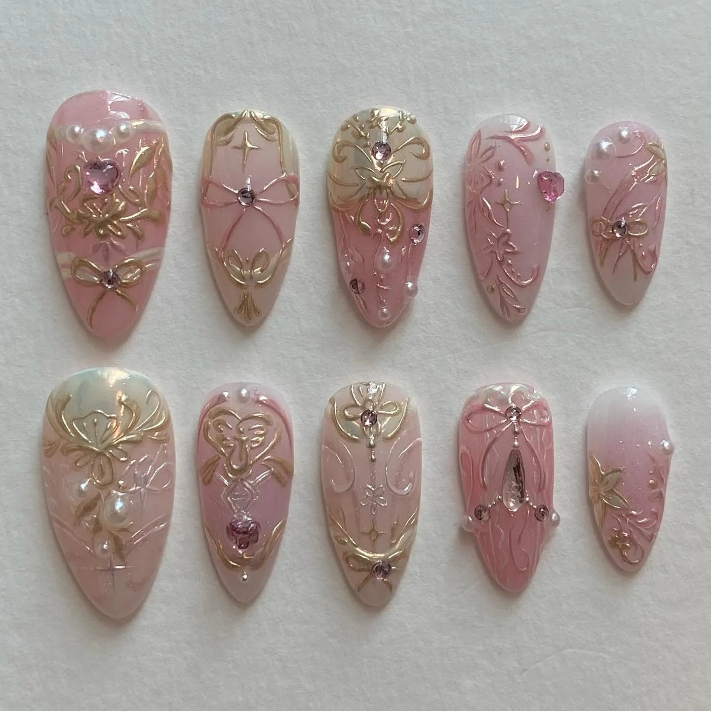 Handmade Baroque Gold Pink Rhinestone Elegant Press on Nails M21