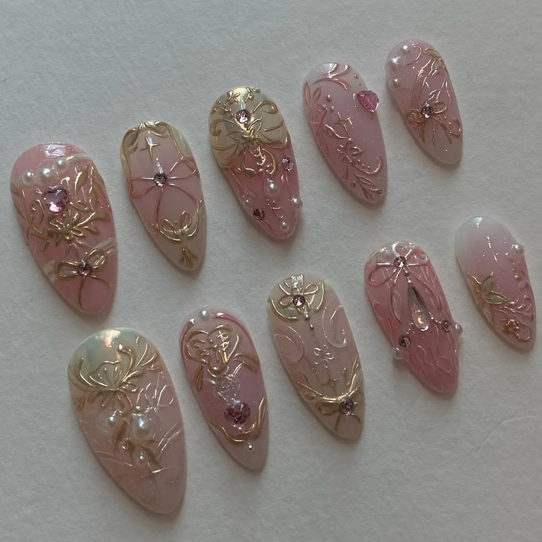Handmade Baroque Gold Pink Rhinestone Elegant Press on Nails M21