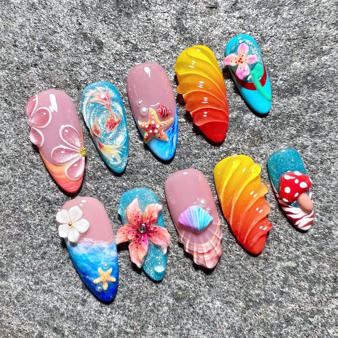 Handmade Beach Ocean 3D Flower Mermaid Colorful Summer Press on Nails D68