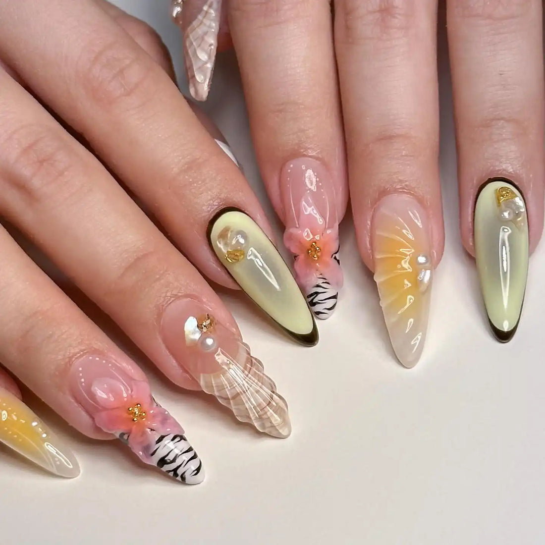Handmade Beautiful Colorful Blossom Seashell Aura Pink Press on Nails W77