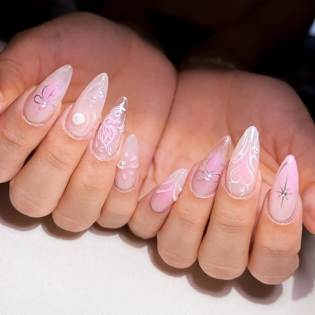 Handmade Beautiful Pink Ribbon With Pearls and Butterfly Press-on Nails