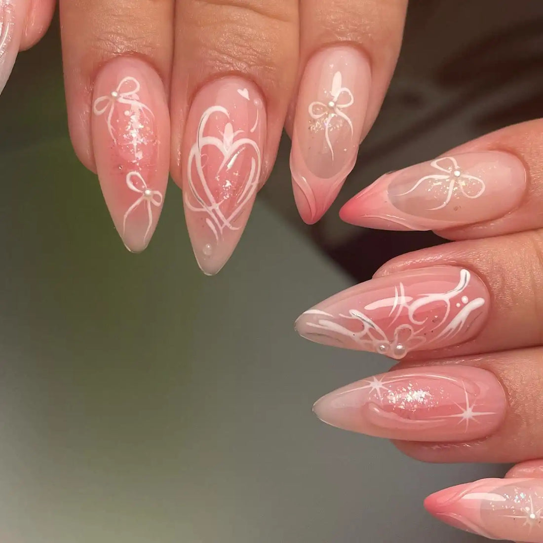 Handmade Beautiful White Liners in Pink Press-on Nails H18