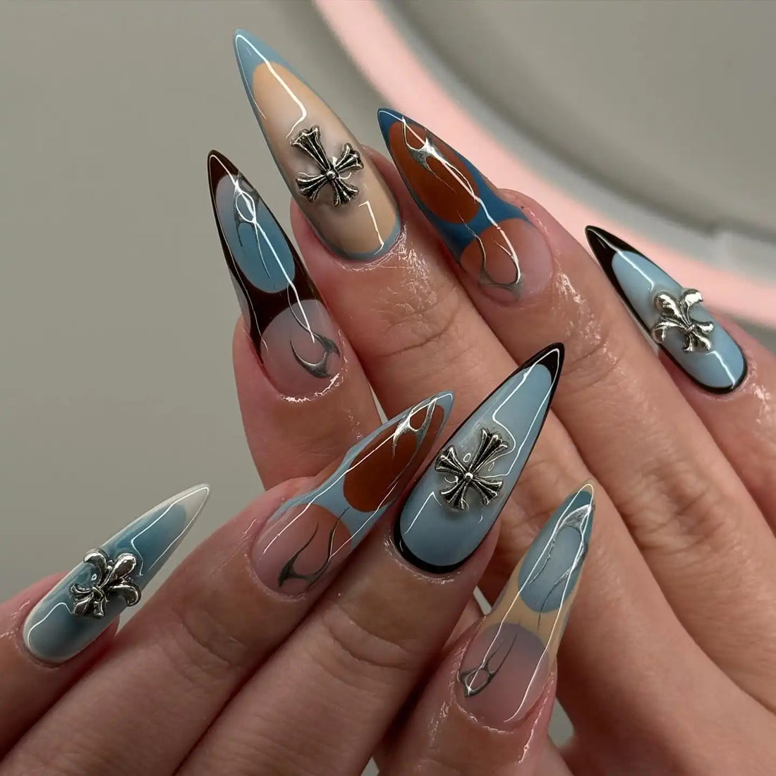 Handmade Beauty Silver Cross Long Almond Nails K58