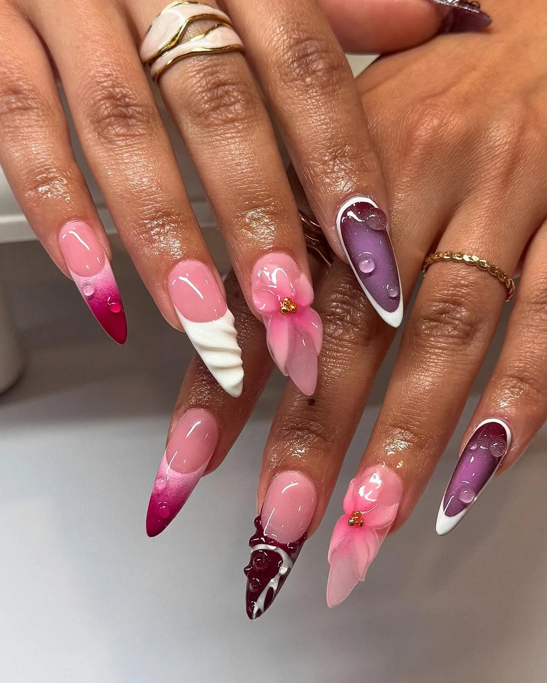 Handmade Berry Ombre Water Drop 3D Floral White French Tip Press on Nails T02