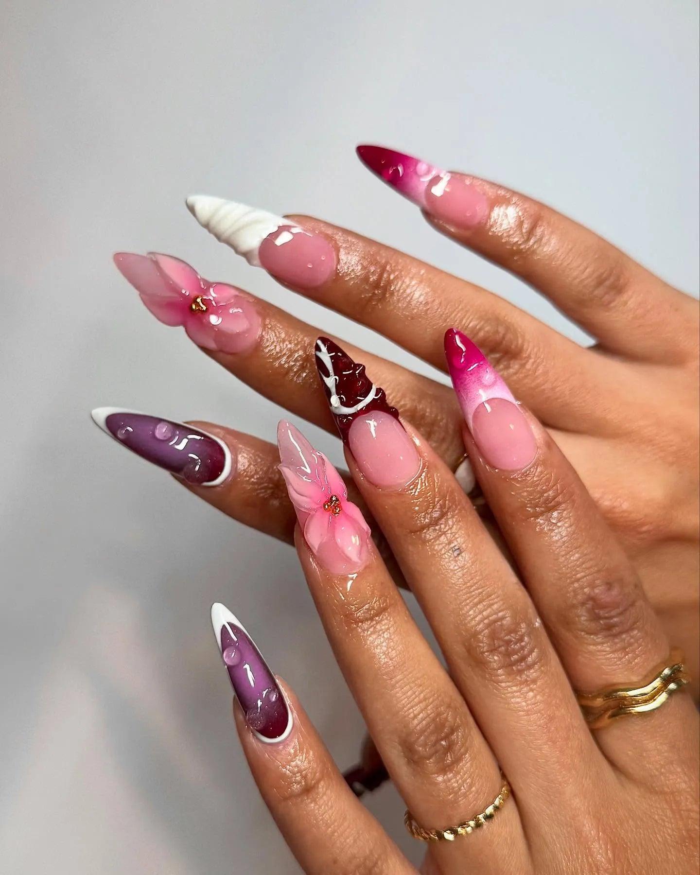 Handmade Berry Ombre Water Drop 3D Floral White French Tip Press on Nails T02