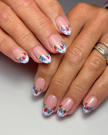 Handmade Berry Picnic French Tip Strawberry Blueberry Gingham Press on Nails S05