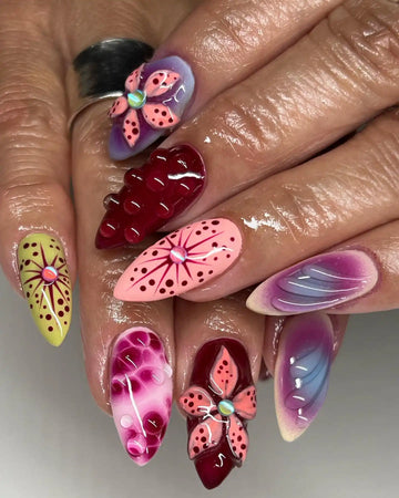 Handmade Berry Pink Floral Gradient 3D Petal Art Summer Press on Nails S68