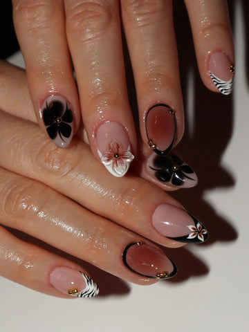 Handmade Black Floral Ombre Zebra Print Dark Chic Design Press on Nails V05