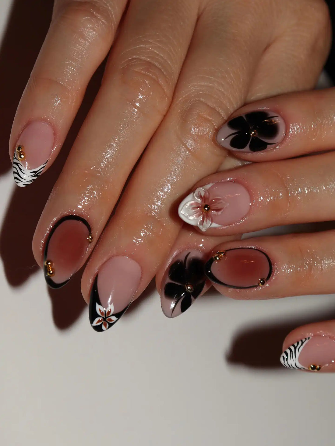 Handmade Black Floral Ombre Zebra Print Dark Chic Design Press on Nails V05