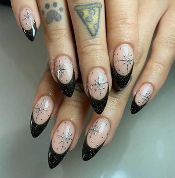 Handmade Black Glitter Chrome Starburst French Tip Christmas Press on Nails B23