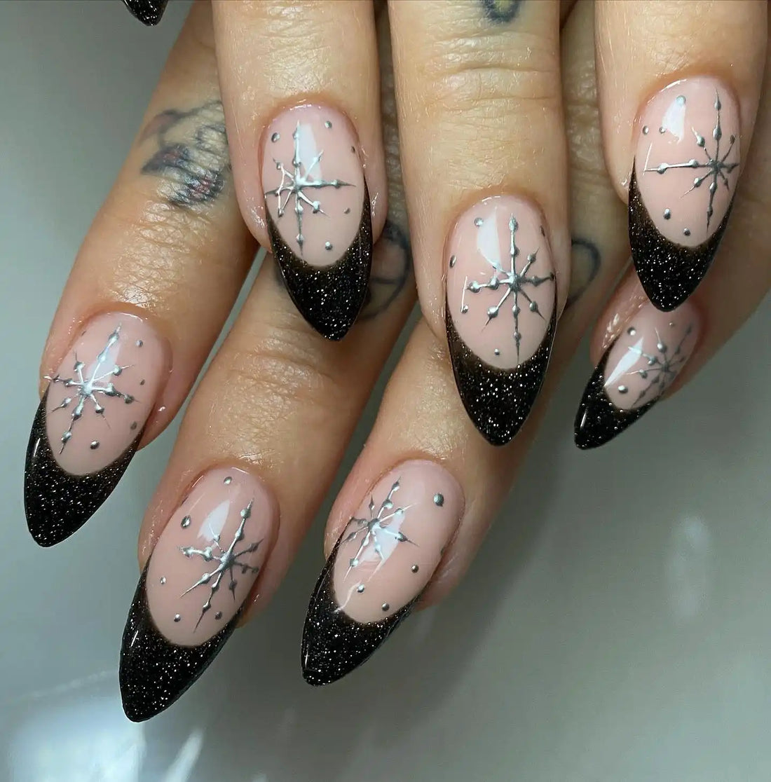 Handmade Black Glitter Chrome Starburst French Tip Christmas Press on Nails B23