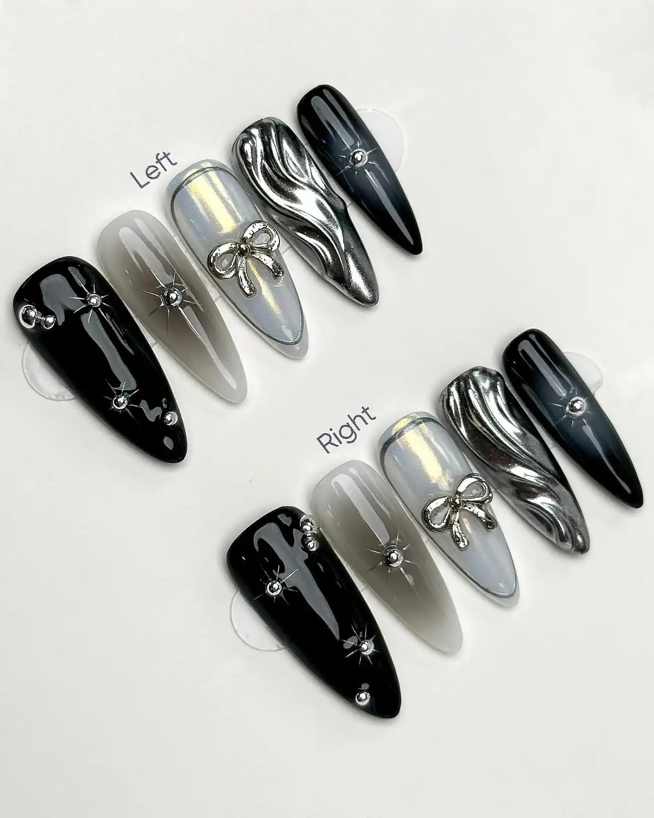Handmade Black Gray Silver Chrome Wave Bow Dark Edgy Fashion Fake Nails T79