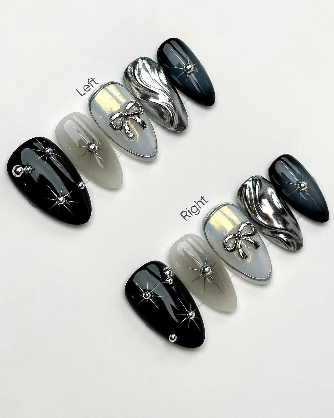 Handmade Black Gray Silver Chrome Wave Bow Dark Edgy Fashion Fake Nails T79