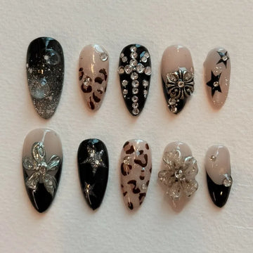 Handmade Black Nude Leopard Print Silver Charm Star Press on Nails G51