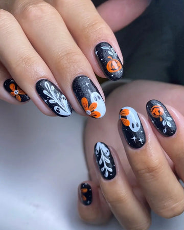 Handmade Black Orange Floral Ghost Pumpkin Halloween Press on Nails PY0