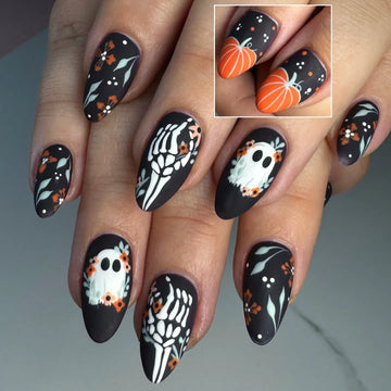 Handmade Black Orange Floral Ghost Skeleton Hand Pumpkin Press on Nails PW6