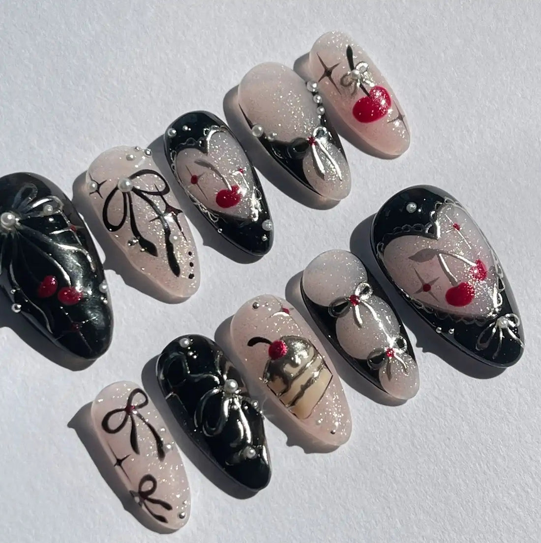Handmade Black Pink Cherry Bow Pearl Glitter Heart Edgy Press on Nails Z69