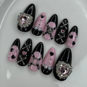 Handmade Black Pink Heart Punk Pearl Rhinestone Press on Nails C79
