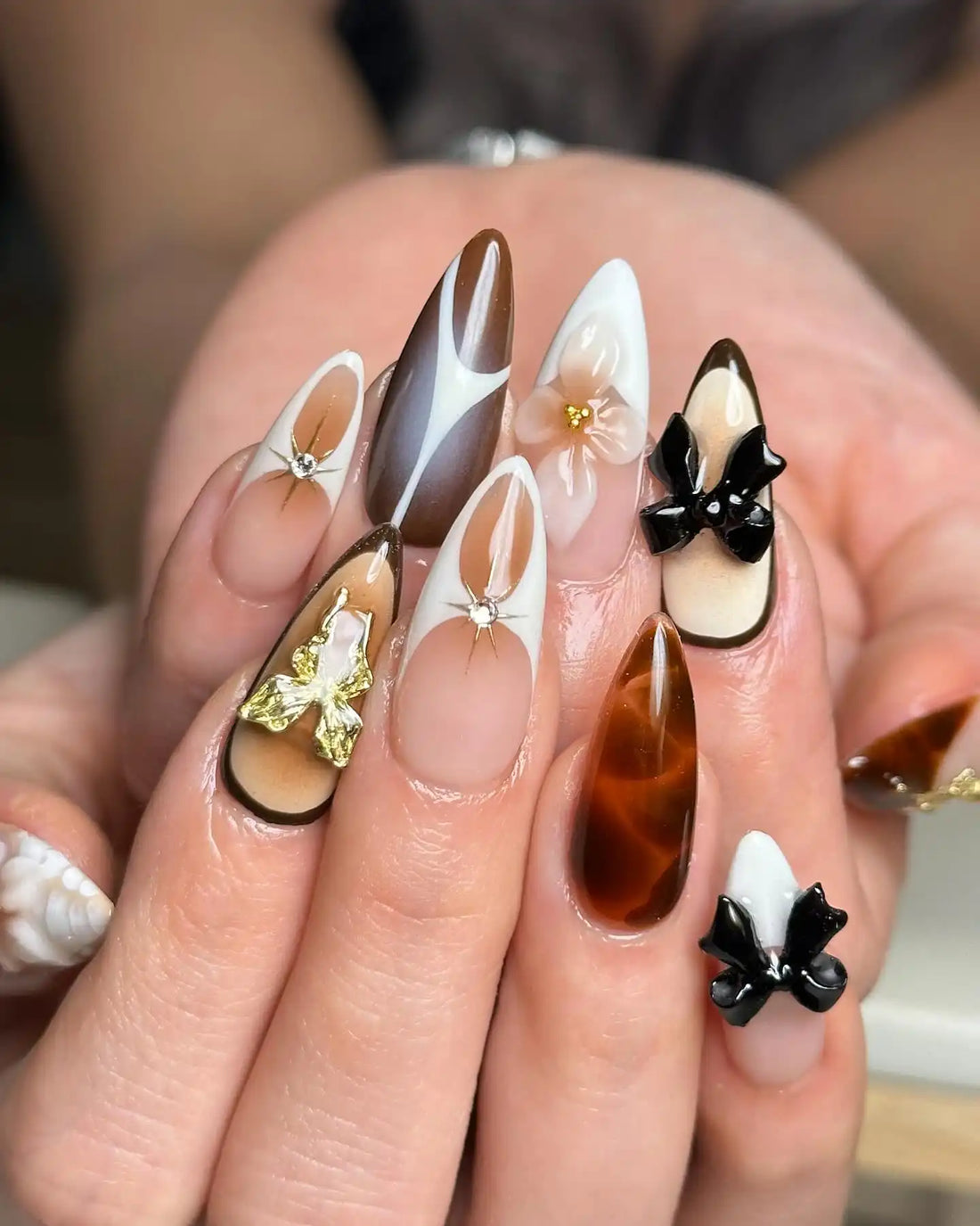 Handmade Black Ribbon 3D Flowers and Gold Press on Nails M81