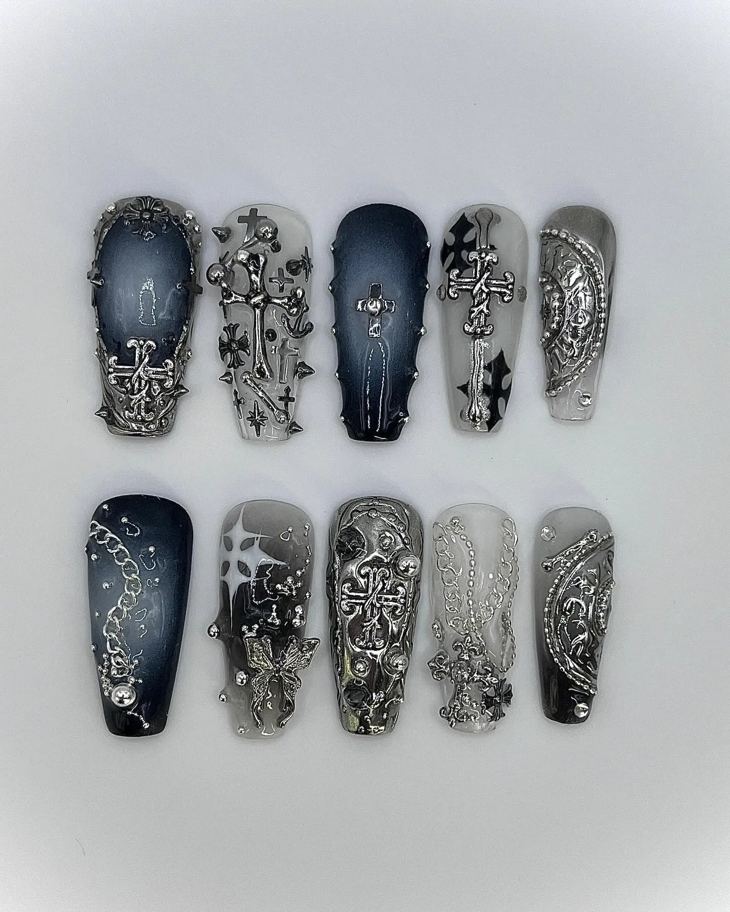 Handmade Black Smoke Gray Chrome Cross Gothic Punk Press on Nails S65
